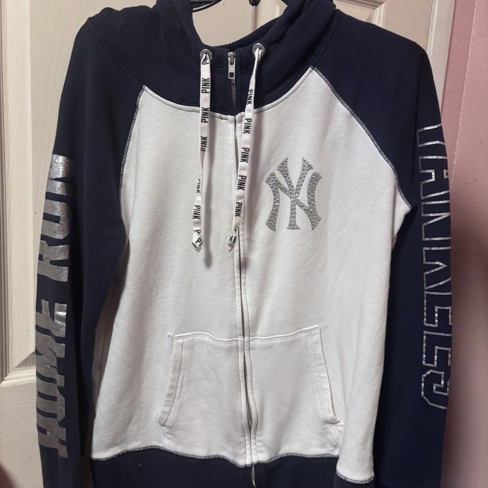 Victoria Secret PINK NY Yankees Bling Hoodie Women Large Blue White Full Zip